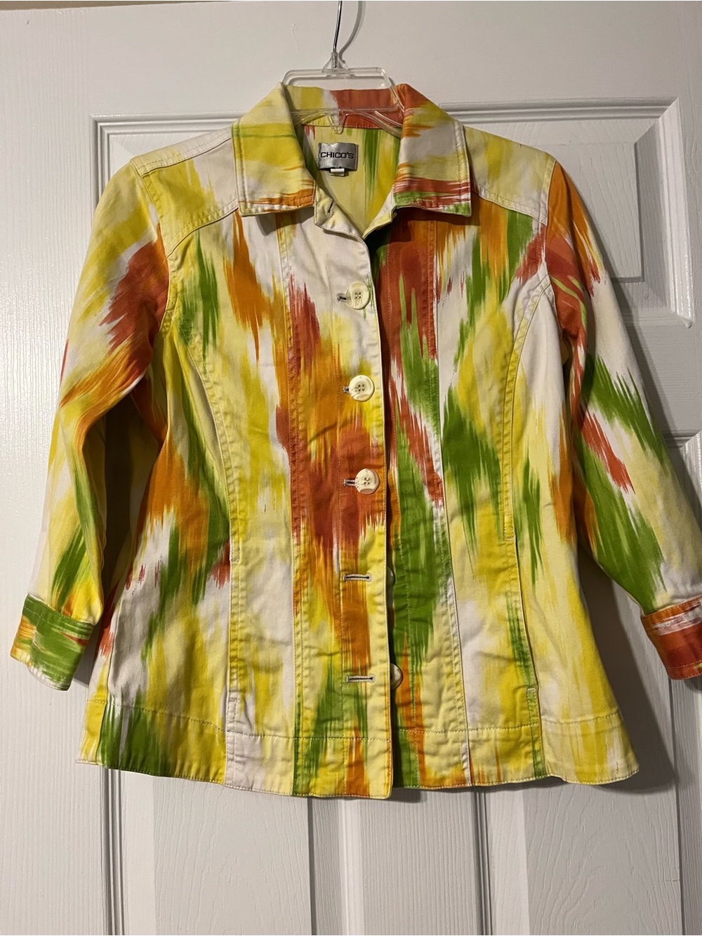 Chico's Yellow, Green & Orange Brushstroke Cotton Jacket pit to pit 16